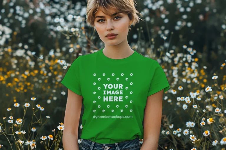 Woman Wearing Green T-shirt Mockup Front View Template