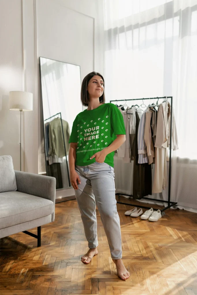 Woman Wearing Green T-shirt Mockup Front View Template