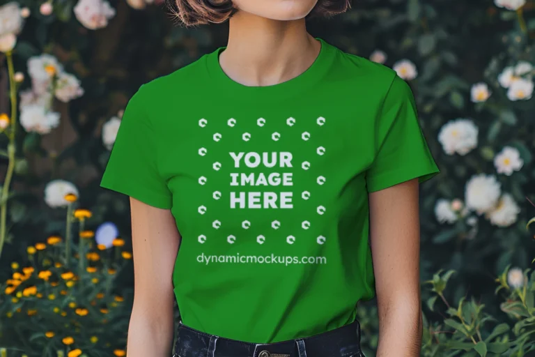 Woman Wearing Green T-shirt Mockup Front View Template