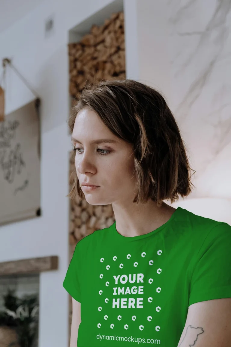 Woman Wearing Green T-shirt Mockup Front View Template