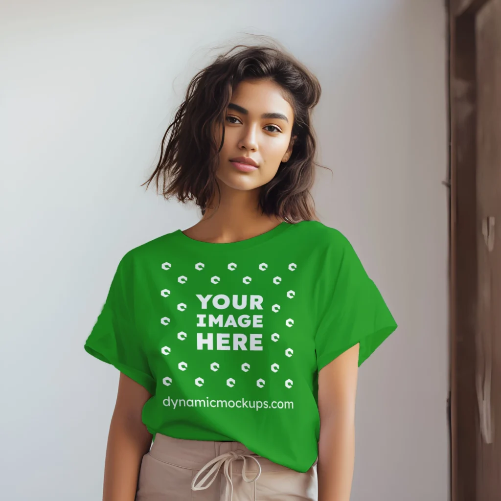 Woman Wearing Green T-shirt Mockup Front View Template