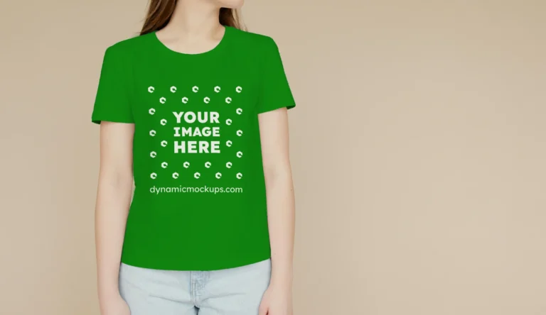 Woman Wearing Green T-shirt Mockup Front View Template