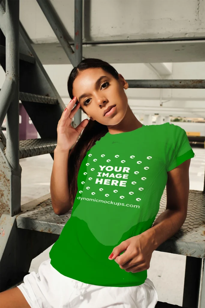 Woman Wearing Green T-shirt Mockup Front View Template