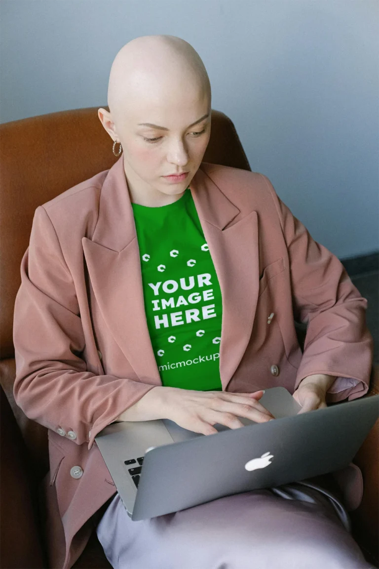 Woman Wearing Green T-shirt Mockup Front View Template