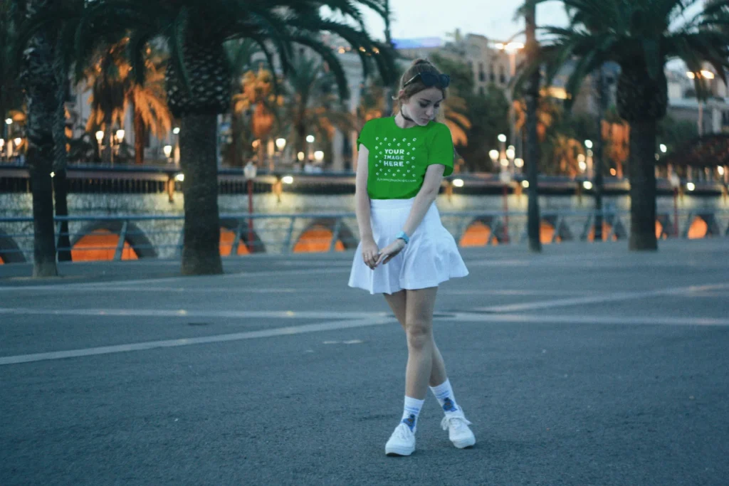 Woman Wearing Green T-shirt Mockup Front View Template