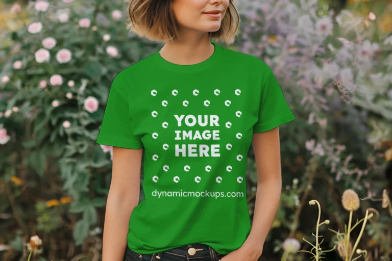 Woman Wearing Green T-shirt Mockup Front View Template