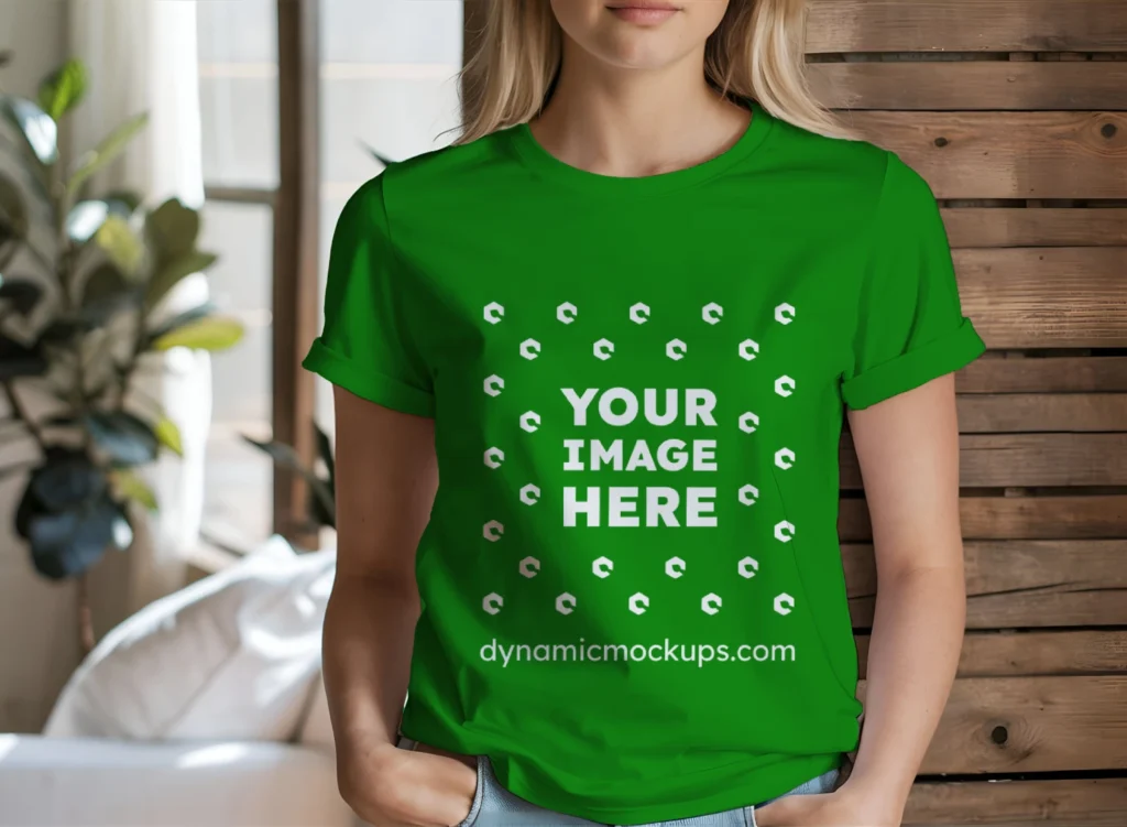 Woman Wearing Green T-shirt Mockup Front View Template