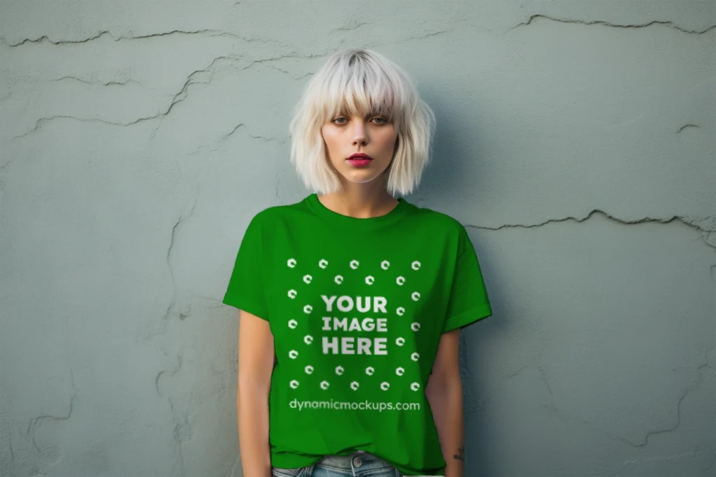 Woman Wearing Green T-shirt Mockup Front View Template