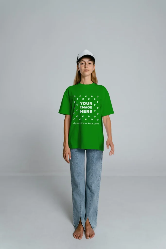 Woman Wearing Green T-shirt Mockup Front View Template