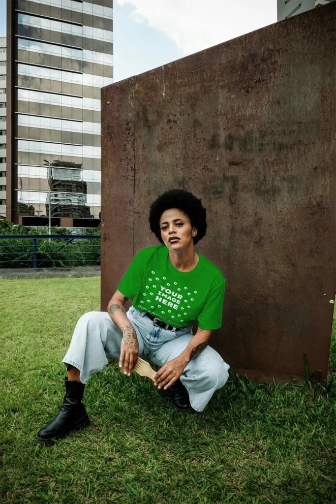 Woman Wearing Green T-shirt Mockup Front View Template