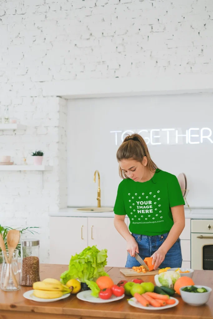 Woman Wearing Green T-shirt Mockup Front View Template