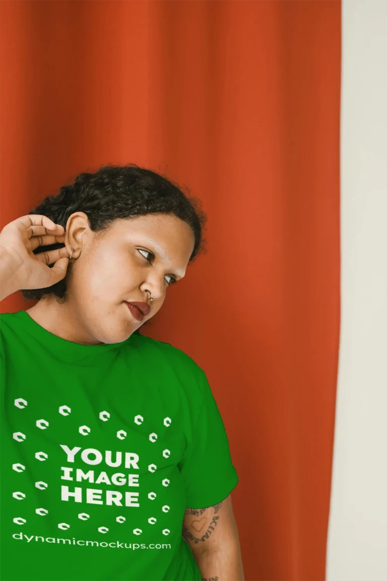 Woman Wearing Green T-shirt Mockup Front View Template