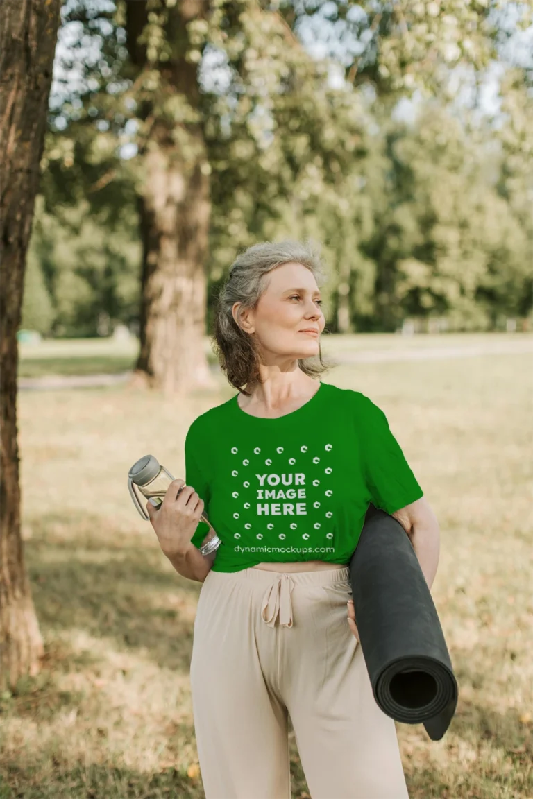 Woman Wearing Green T-shirt Mockup Front View Template