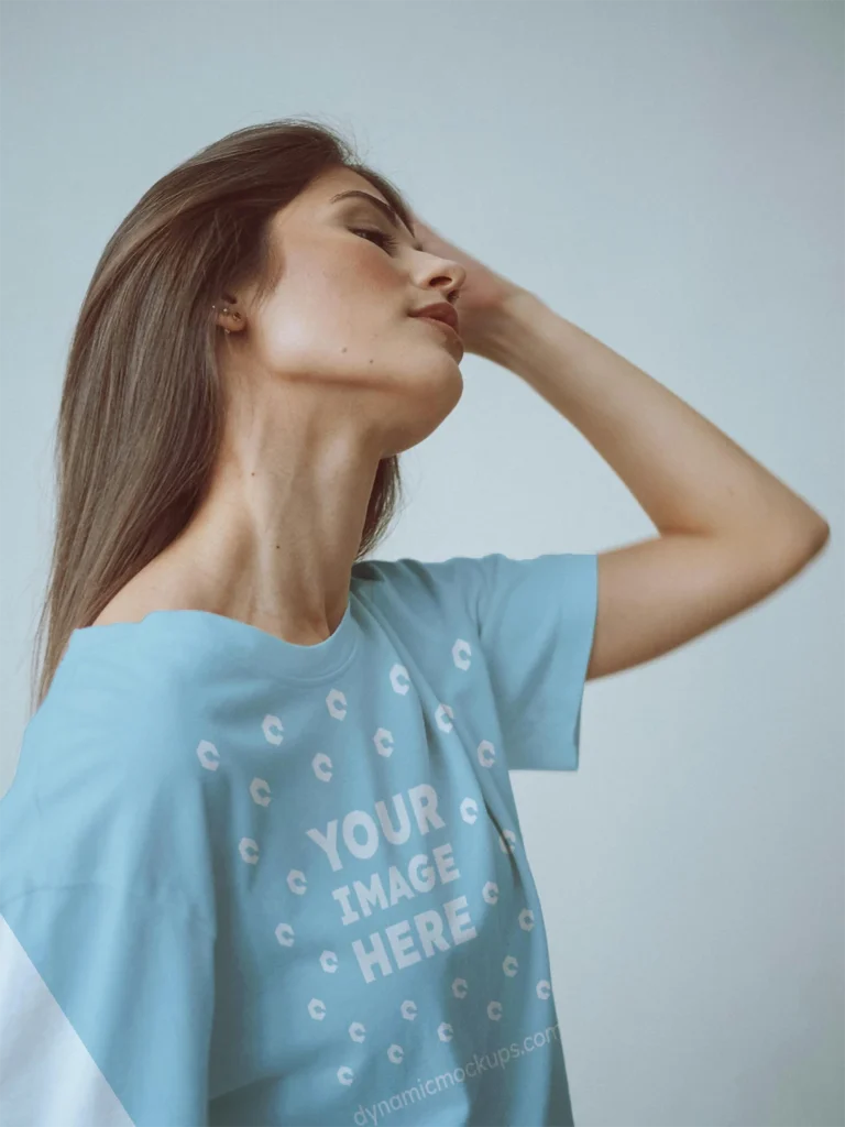 Woman Wearing Light Blue T-shirt Mockup Front View Template