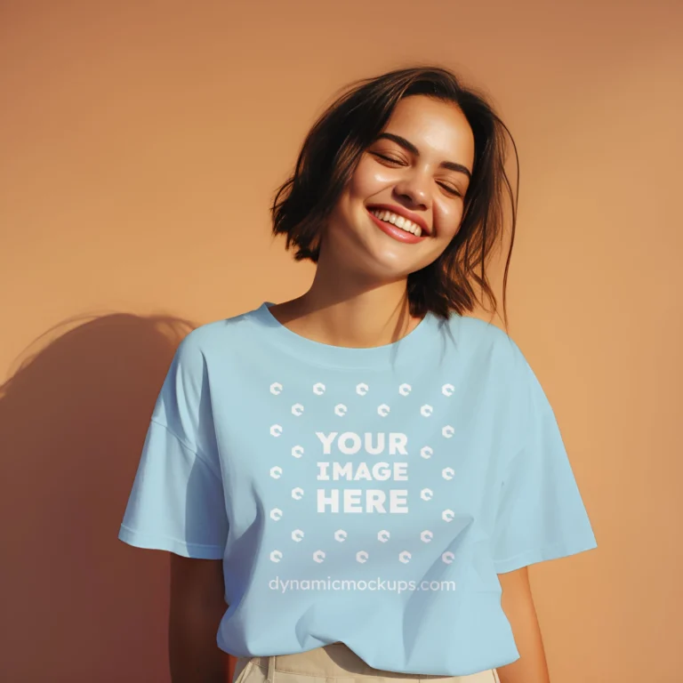 Woman Wearing Light Blue T-shirt Mockup Front View Template