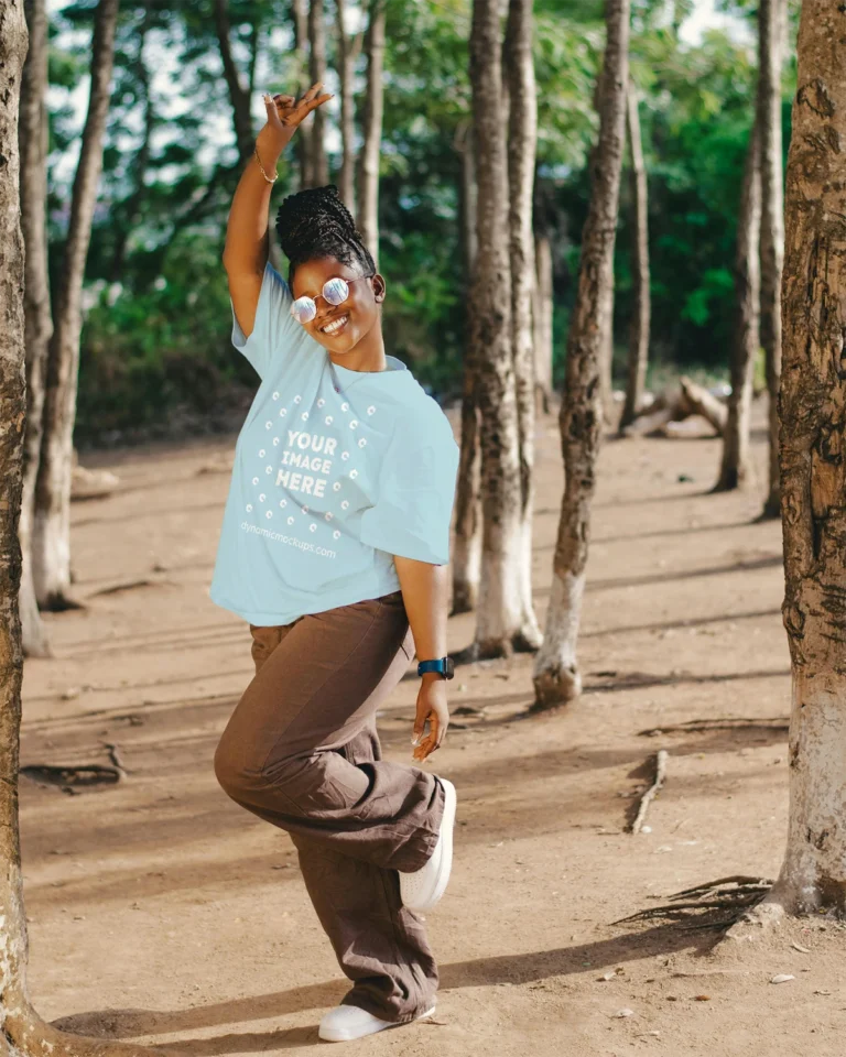 Woman Wearing Light Blue T-shirt Mockup Front View Template