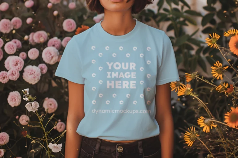 Woman Wearing Light Blue T-shirt Mockup Front View Template