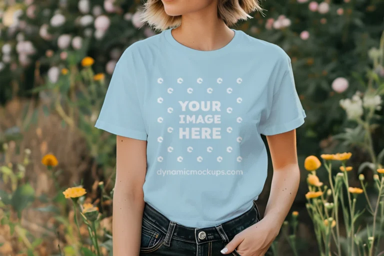 Woman Wearing Light Blue T-shirt Mockup Front View Template