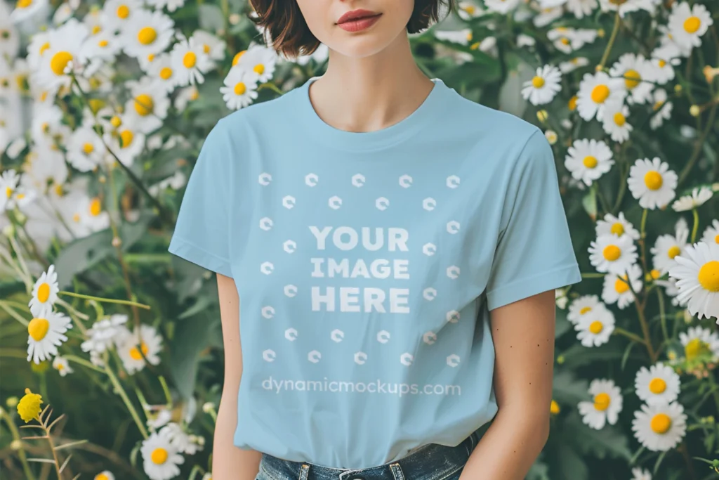 Woman Wearing Light Blue T-shirt Mockup Front View Template