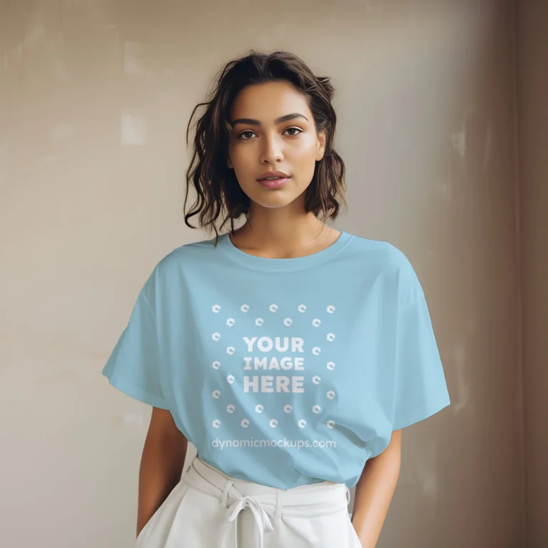 Woman Wearing Light Blue T-shirt Mockup Front View Template