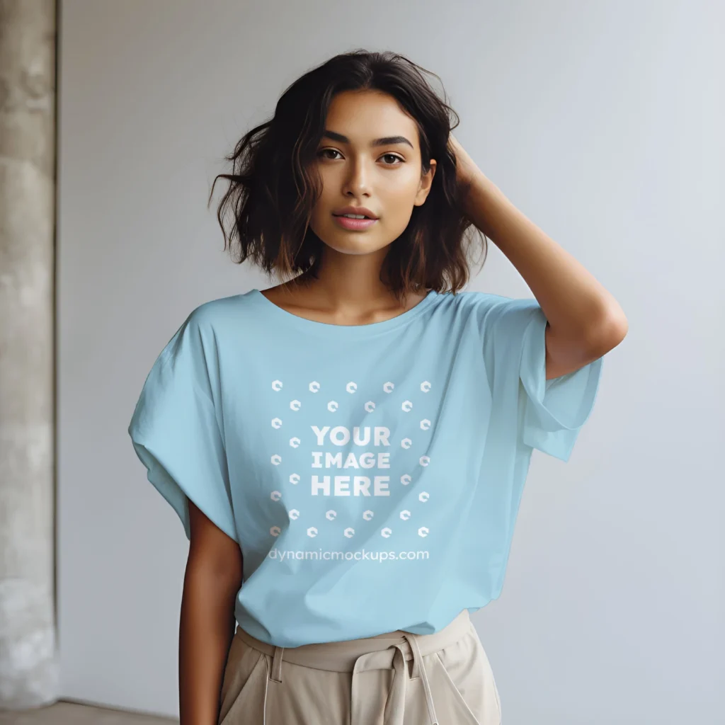 Woman Wearing Light Blue T-shirt Mockup Front View Template