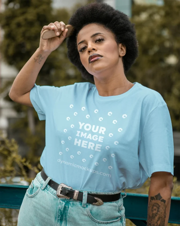 Woman Wearing Light Blue T-shirt Mockup Front View Template