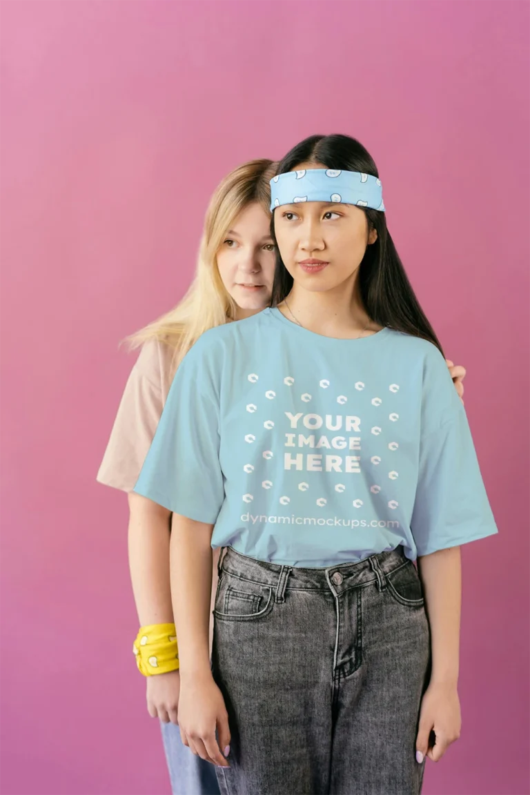 Woman Wearing Light Blue T-shirt Mockup Front View Template