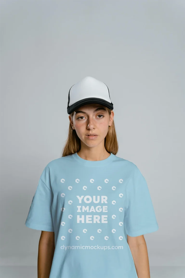 Woman Wearing Light Blue T-shirt Mockup Front View Template