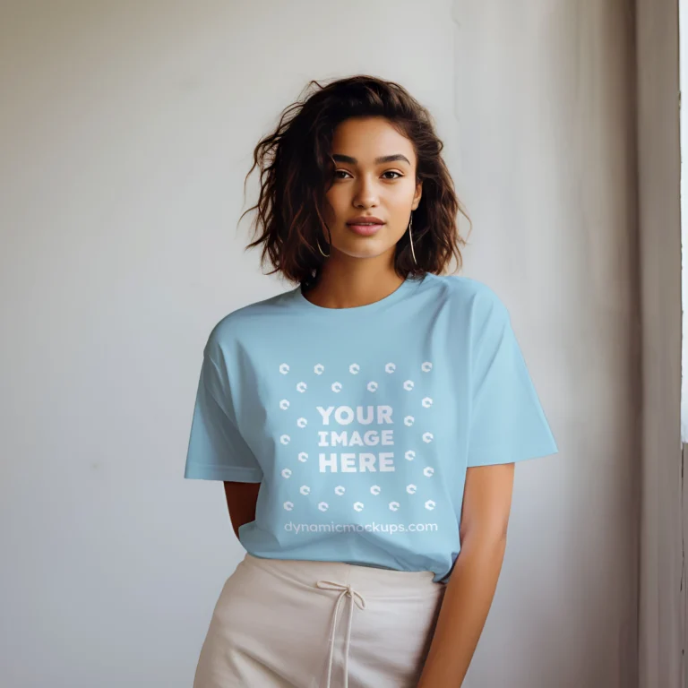 Woman Wearing Light Blue T-shirt Mockup Front View Template