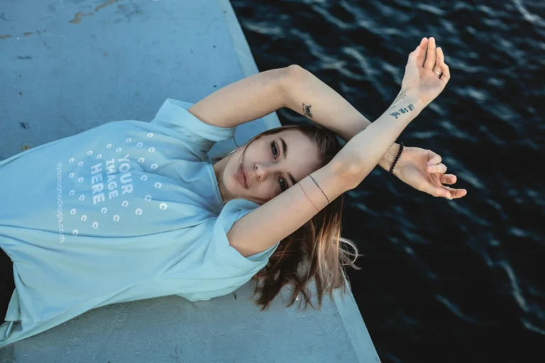 Woman Wearing Light Blue T-shirt Mockup Front View Template