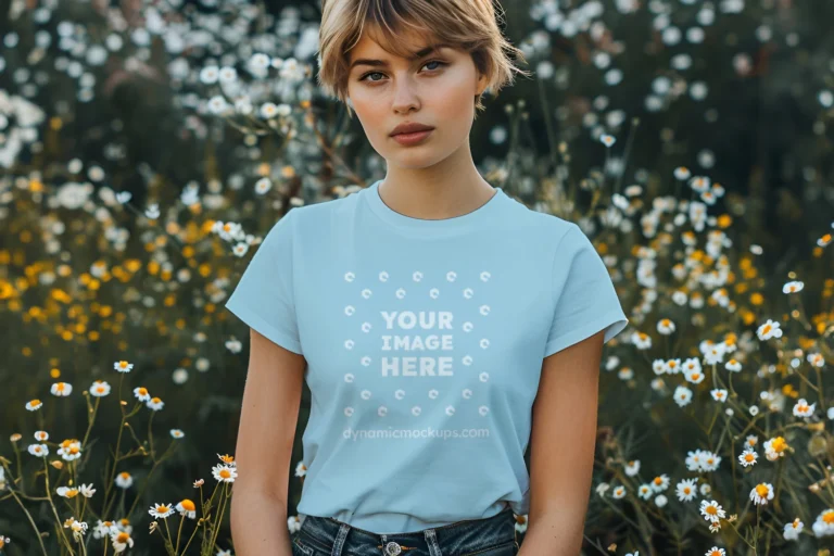 Woman Wearing Light Blue T-shirt Mockup Front View Template