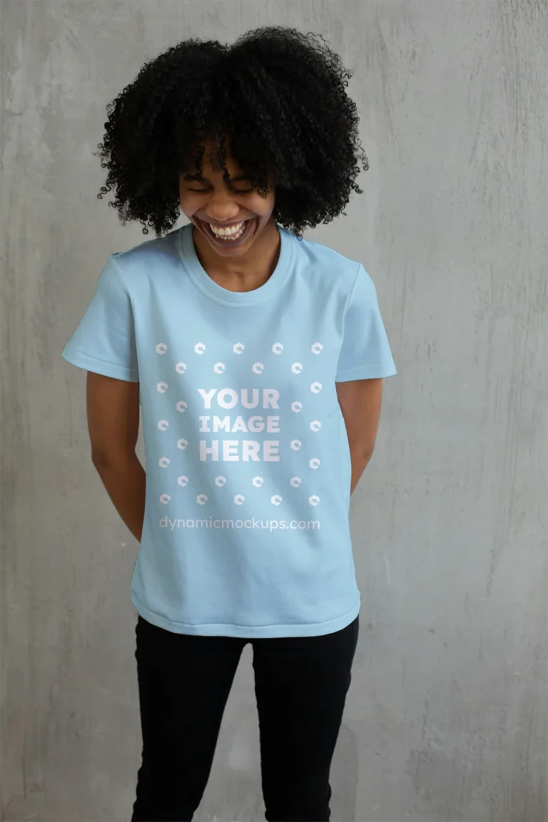 Woman Wearing Light Blue T-shirt Mockup Front View Template