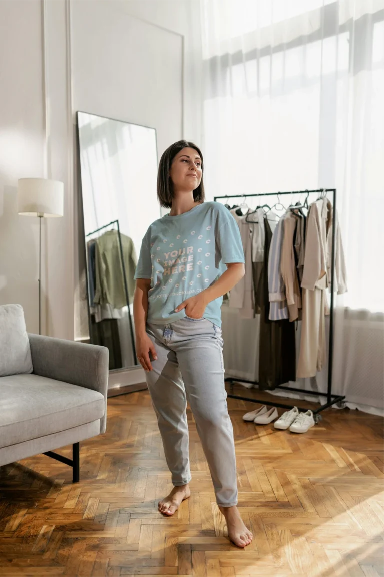 Woman Wearing Light Blue T-shirt Mockup Front View Template