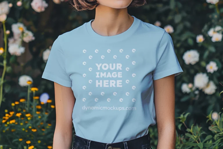 Woman Wearing Light Blue T-shirt Mockup Front View Template