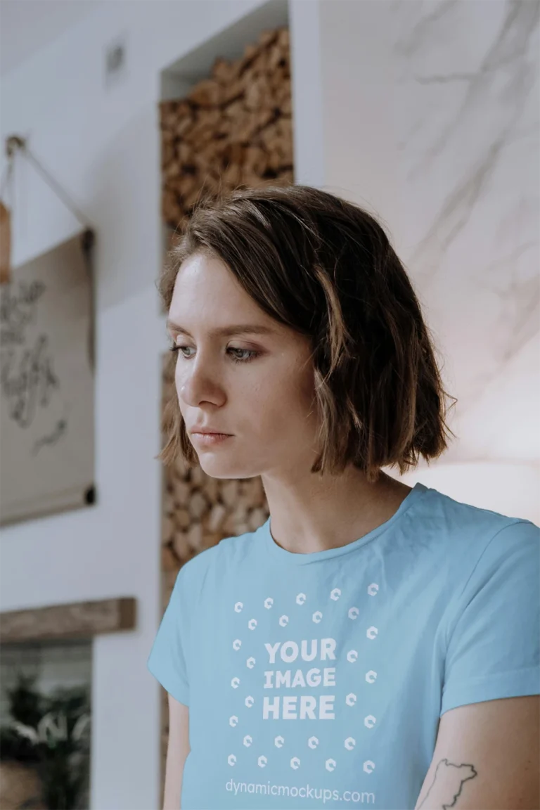 Woman Wearing Light Blue T-shirt Mockup Front View Template