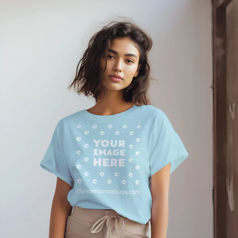 Woman Wearing Light Blue T-shirt Mockup Front View Template