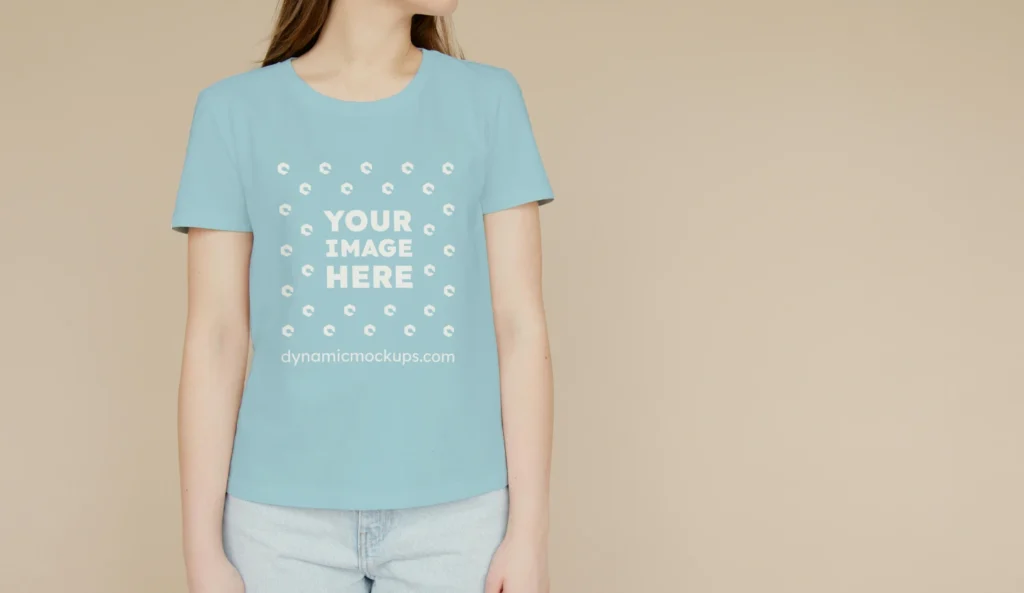 Woman Wearing Light Blue T-shirt Mockup Front View Template