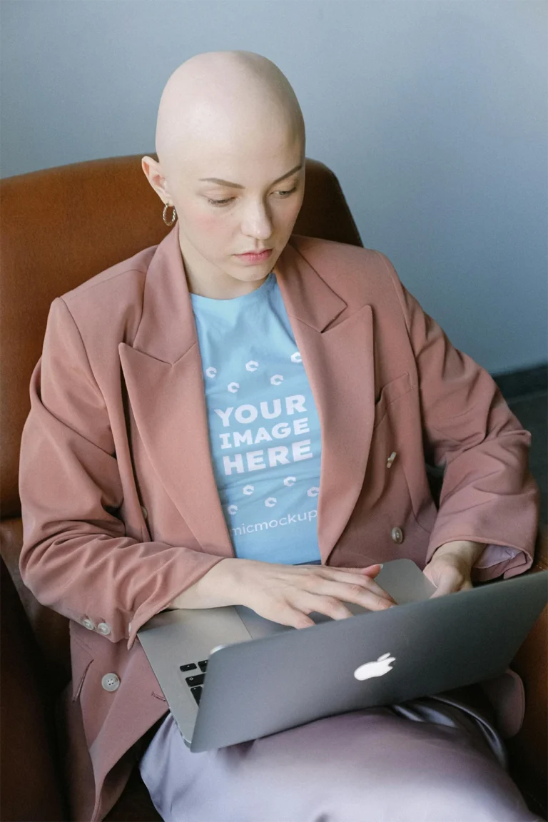 Woman Wearing Light Blue T-shirt Mockup Front View Template