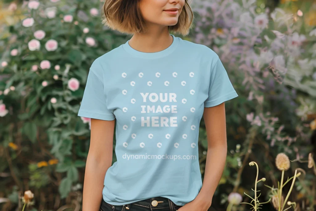 Woman Wearing Light Blue T-shirt Mockup Front View Template