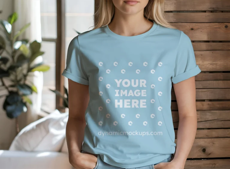 Woman Wearing Light Blue T-shirt Mockup Front View Template