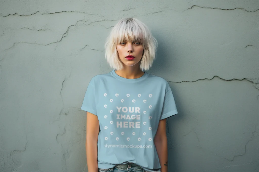 Woman Wearing Light Blue T-shirt Mockup Front View Template