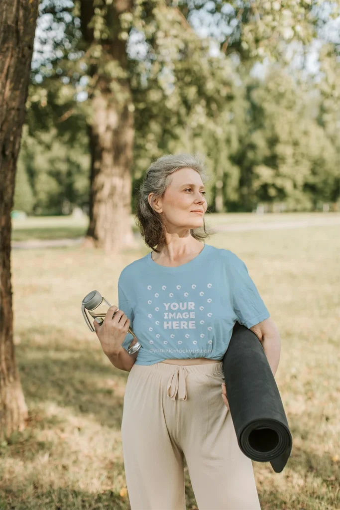 Woman Wearing Light Blue T-shirt Mockup Front View Template