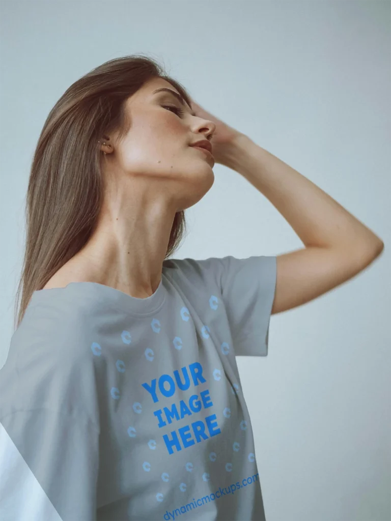 Woman Wearing Light Gray T-shirt Mockup Front View Template