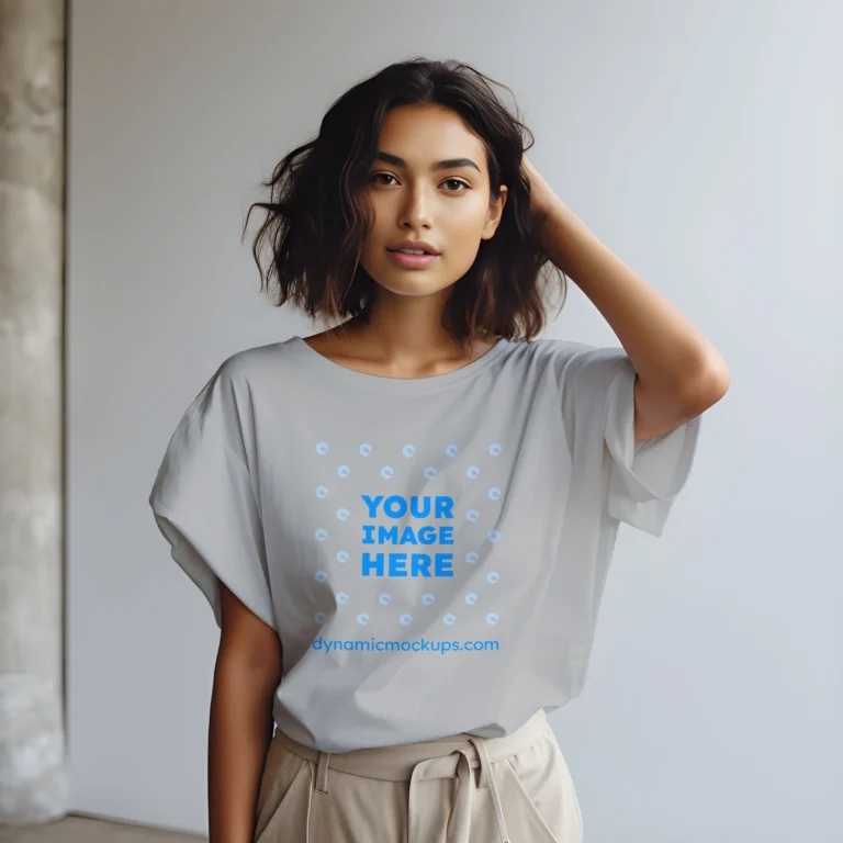 Woman Wearing Light Gray T-shirt Mockup Front View Template