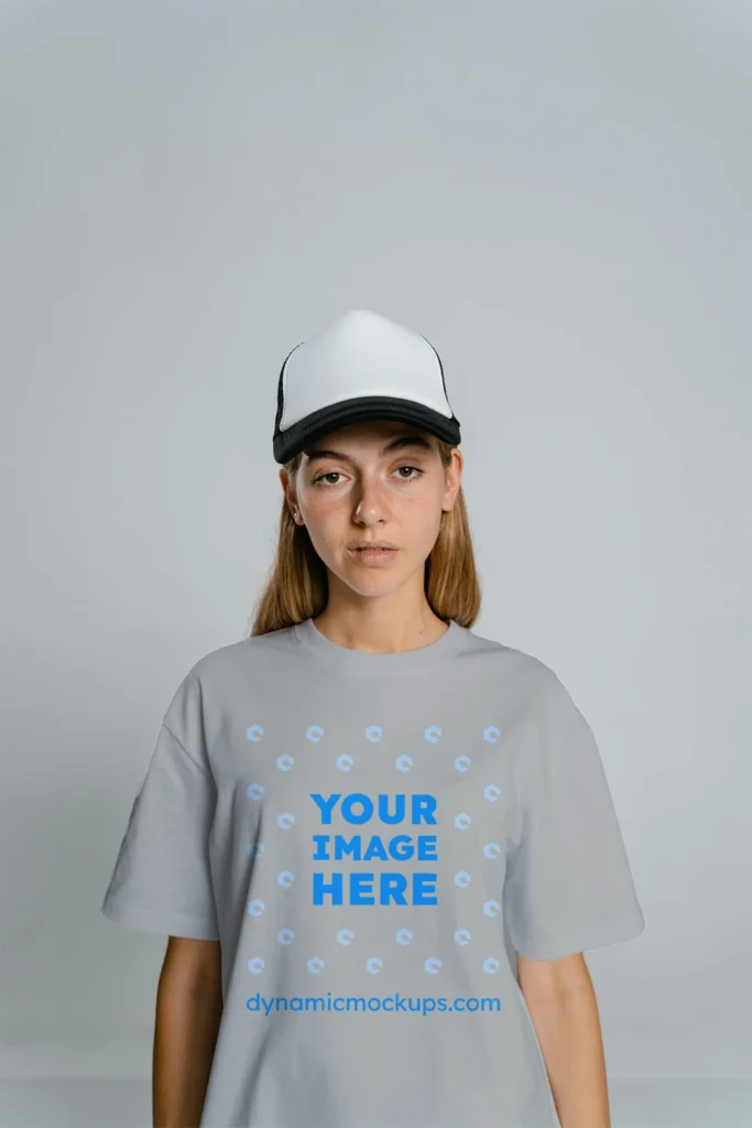 Woman Wearing Light Gray T-shirt Mockup Front View Template