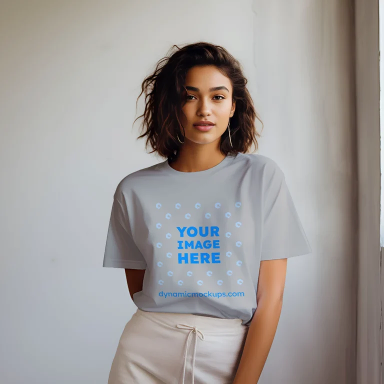 Woman Wearing Light Gray T-shirt Mockup Front View Template