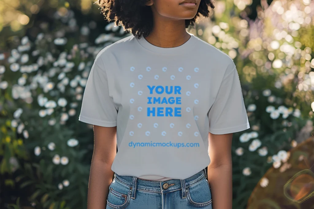 Woman Wearing Light Gray T-shirt Mockup Front View Template