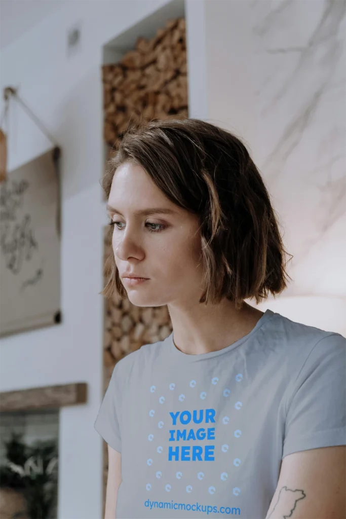 Woman Wearing Light Gray T-shirt Mockup Front View Template