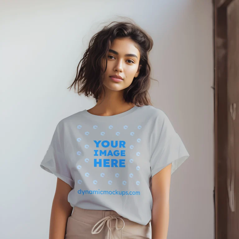 Woman Wearing Light Gray T-shirt Mockup Front View Template