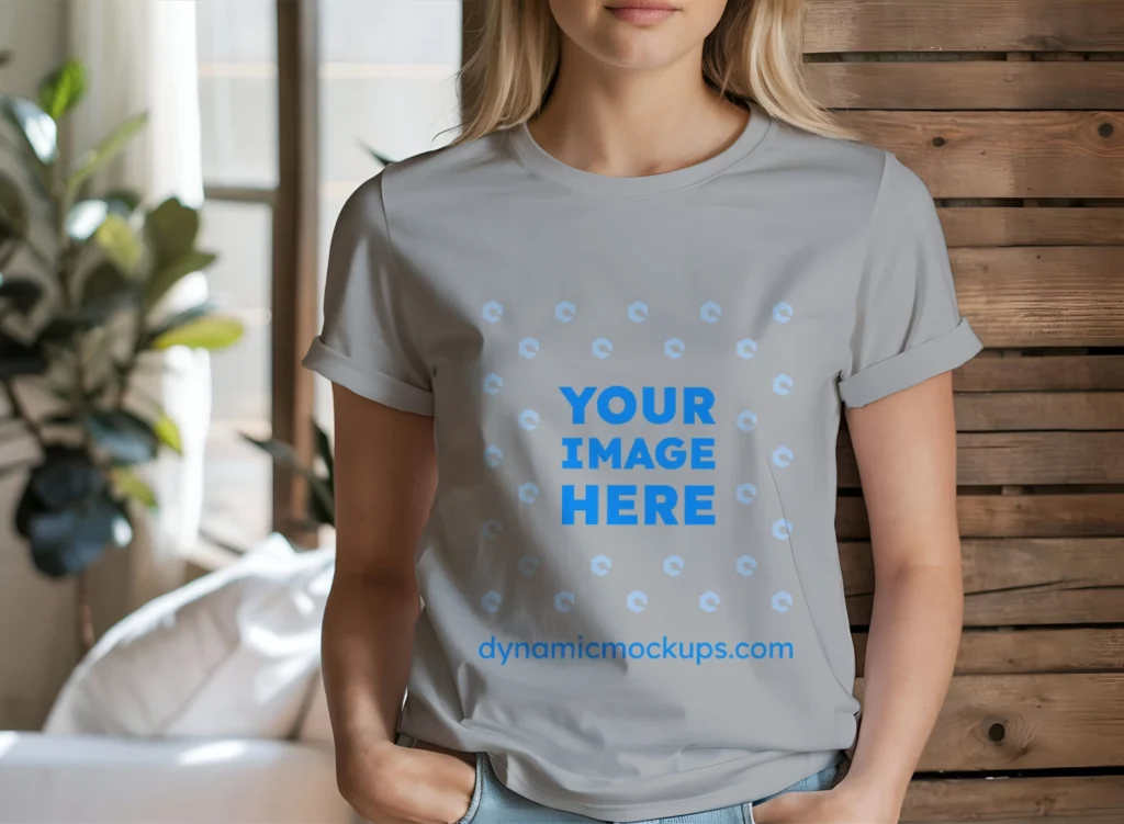 Woman Wearing Light Gray T-shirt Mockup Front View Template